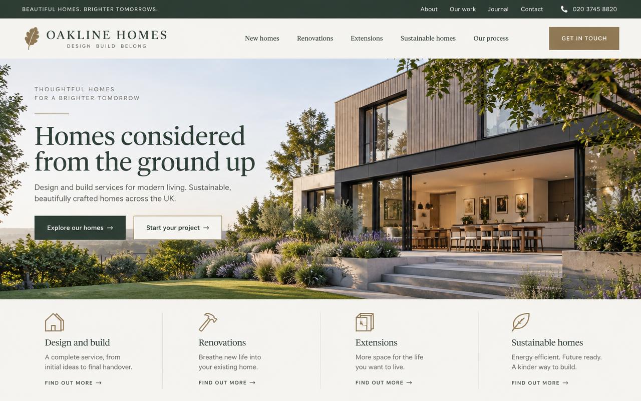 Oakline Homes residential design and build website homepage